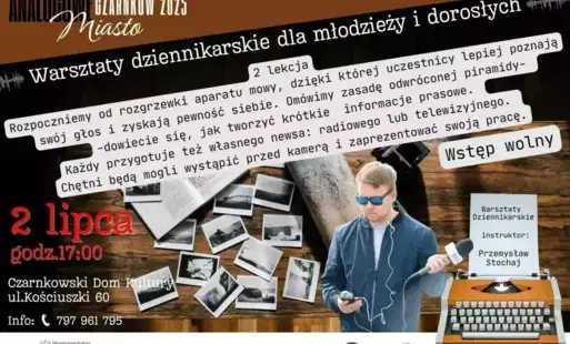 Plakat informacyjny o warsztatach dziennikarskich