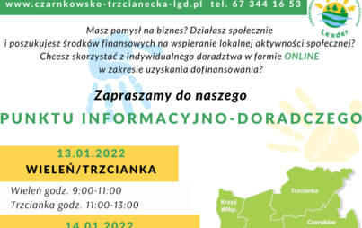 Zdjęcie do 14.01.2022 r. zostanie zorganizowany punkt informacyjno-doradczy Czarnkowsko - Trzcianeckiej Lokalnej Grupy Działania dla mieszkańc&oacute;w gminy Czarnk&oacute;w (gmina miejska) 