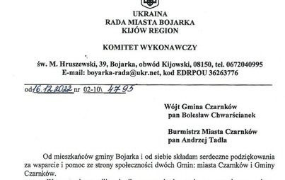 Zdjęcie do List z podziękowaniami za pomoc dla ludności Miasta Bojarka w Ukrainie