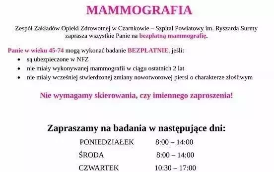 Zdjęcie do Bezpłatna mammografia w Czarnkowie 